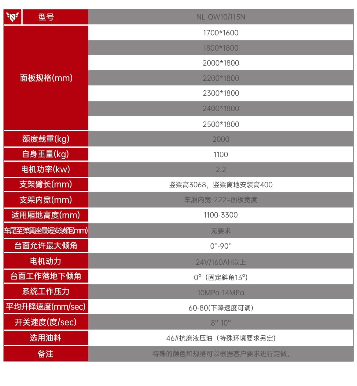 垂直式汽车尾板产品参数